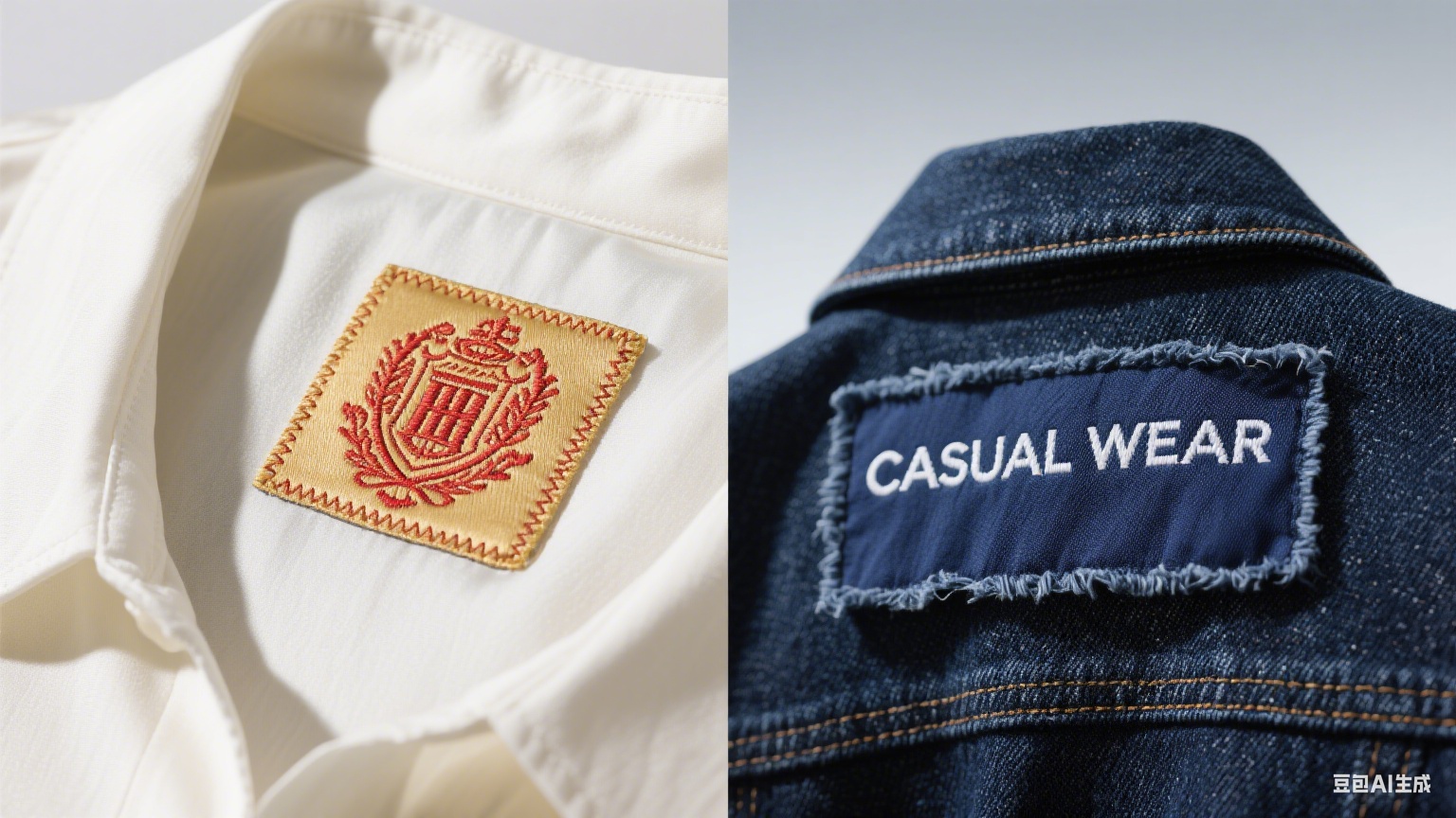 Embroidered labels and woven tags on high-end and casual clothing, showing craftsmanship differences